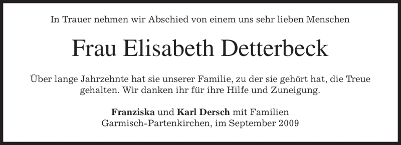  Traueranzeige für Elisabeth Detterbeck vom 19.09.2009 aus MERKUR & TZ