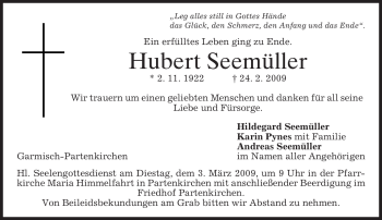 Traueranzeige von Hubert Seemüller von MERKUR & TZ