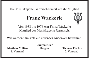 Traueranzeige von Franz Wackerle von MERKUR & TZ