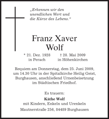 Traueranzeige von Franz Xaver Wolf von MERKUR & TZ