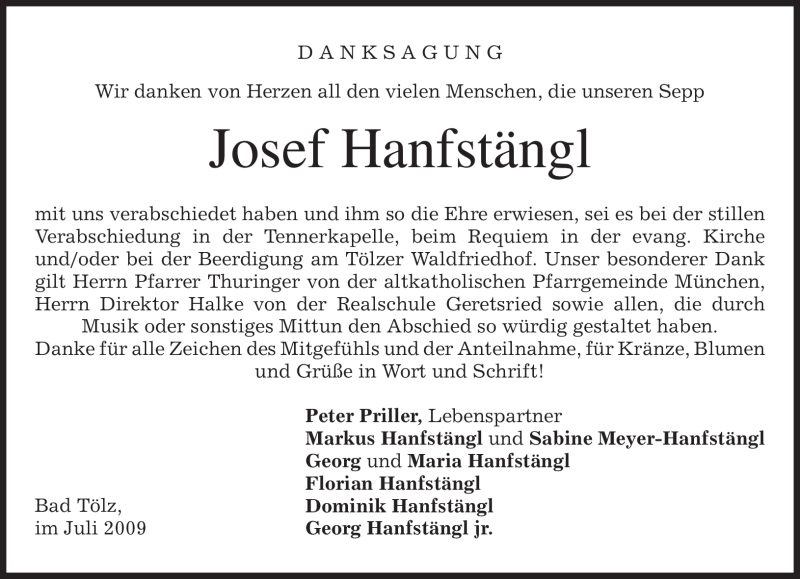 Traueranzeige für Josef Hanfstängl vom 25.07.2009 aus MERKUR & TZ