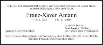 Traueranzeige von Franz-Xaver Amann von MERKUR & TZ