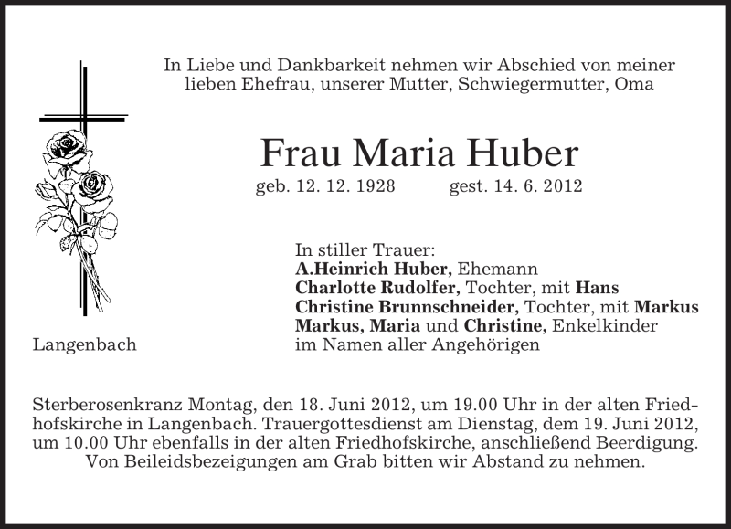  Traueranzeige für Maria Huber vom 16.06.2012 aus MERKUR & TZ