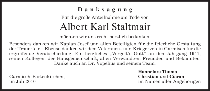  Traueranzeige für Albert Karl Staltmair vom 31.07.2010 aus MERKUR & TZ