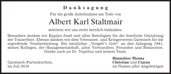 Traueranzeige von Albert Karl Staltmair von MERKUR & TZ