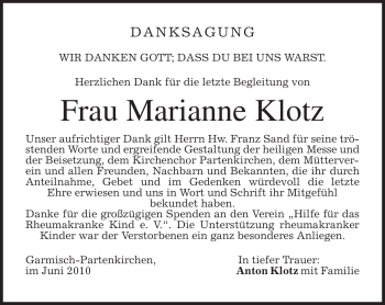 Traueranzeige von Marianne Klotz von MERKUR & TZ