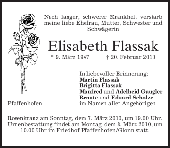 Traueranzeige von Elisabeth Flassak von MERKUR & TZ