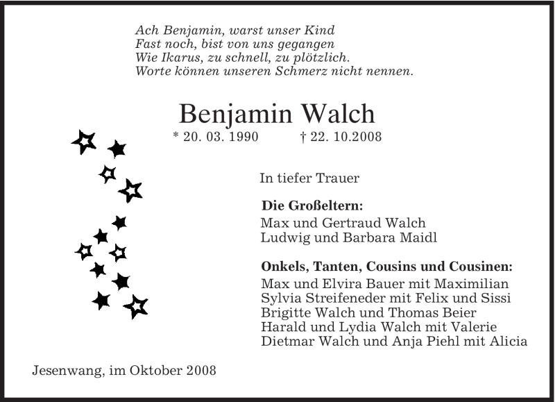  Traueranzeige für Benjamin Walch vom 25.10.2008 aus MERKUR & TZ