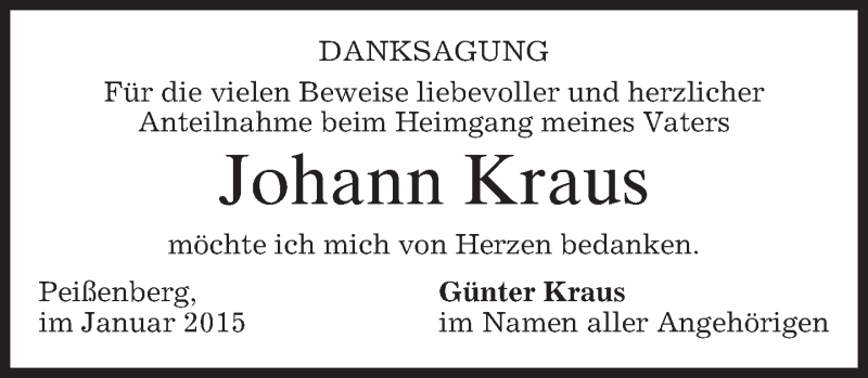  Traueranzeige für Johann Kraus vom 17.01.2015 aus merkurtz