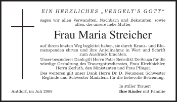Traueranzeige von Maria Streicher von MERKUR & TZ