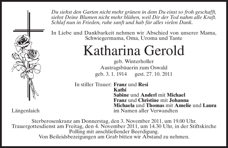  Traueranzeige für Katharina Gerold vom 02.11.2011 aus MERKUR & TZ