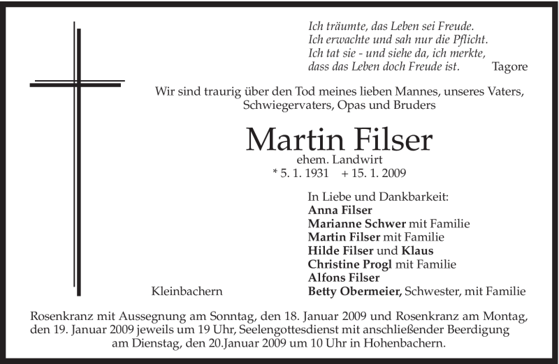  Traueranzeige für Martin Filser vom 17.01.2009 aus MERKUR & TZ