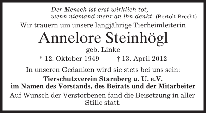  Traueranzeige für Annelore Steinhögl vom 21.04.2012 aus MERKUR & TZ