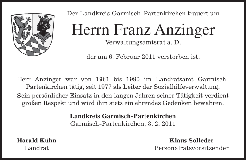  Traueranzeige für Franz Anzinger vom 09.02.2011 aus MERKUR & TZ