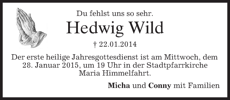  Traueranzeige für Hedwig Wild vom 24.01.2015 aus merkurtz