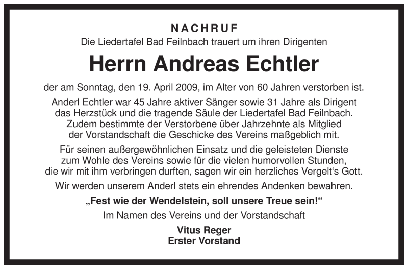  Traueranzeige für Andreas Echtler vom 30.04.2009 aus MERKUR & TZ