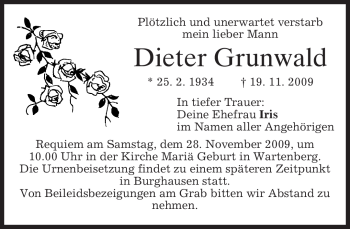 Traueranzeige von Dieter Grunwald von MERKUR & TZ