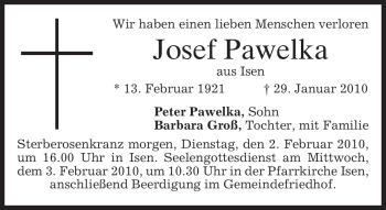 Traueranzeige von Josef Pawelka von MERKUR & TZ