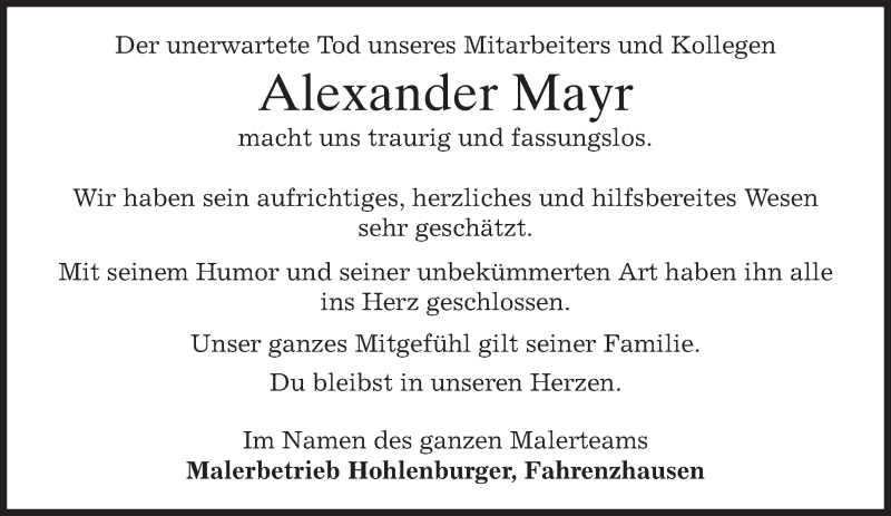  Traueranzeige für Alexander Mayr vom 09.06.2015 aus merkurtz