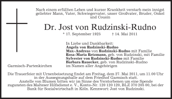 Traueranzeige von Jost von Rudzinski-Rudno von MERKUR & TZ