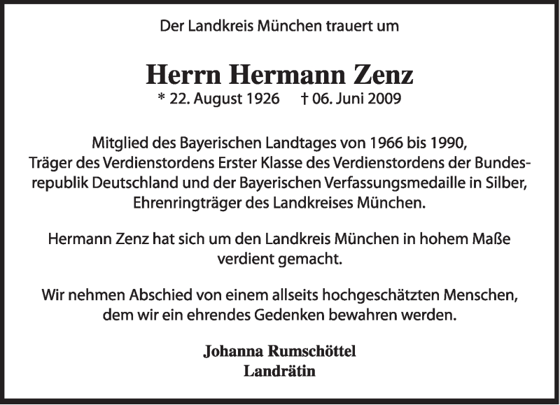  Traueranzeige für Hermann Zenz vom 12.06.2009 aus MERKUR & TZ