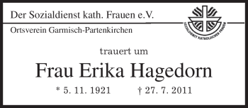 Traueranzeige von Erika Hagedorn von MERKUR & TZ