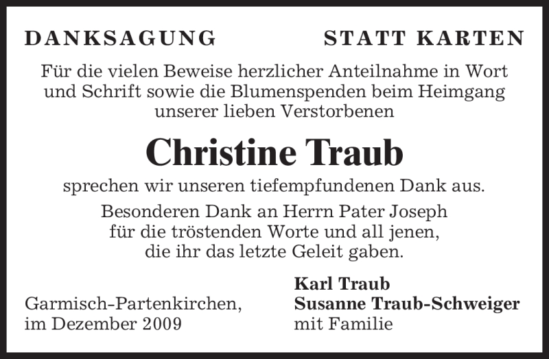  Traueranzeige für Christine Traub vom 28.12.2009 aus MERKUR & TZ