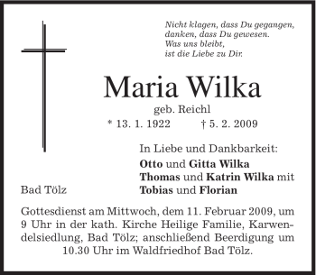 Traueranzeige von Maria Wilka von MERKUR & TZ