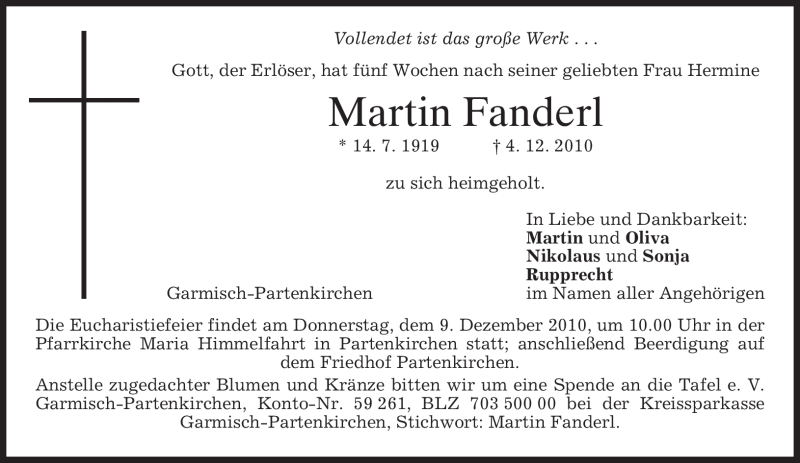  Traueranzeige für Martin Fanderl vom 06.12.2010 aus MERKUR & TZ
