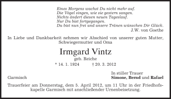 Traueranzeige von Irmgard Vintz von MERKUR & TZ