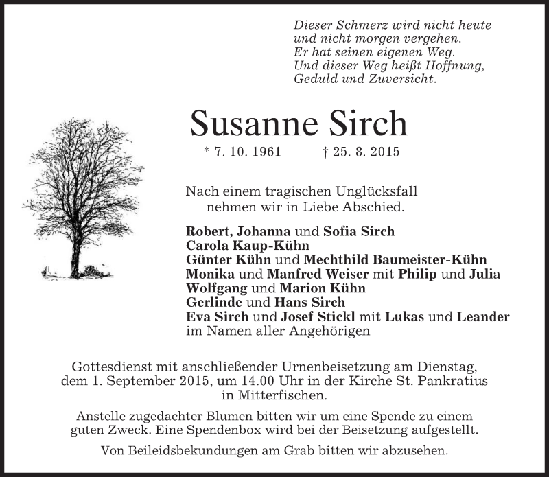  Traueranzeige für Susanne Sirch vom 29.08.2015 aus merkurtz