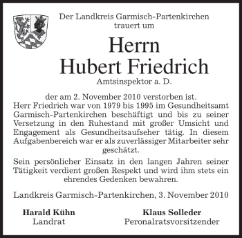 Traueranzeige von Hubert Friedrich von MERKUR & TZ