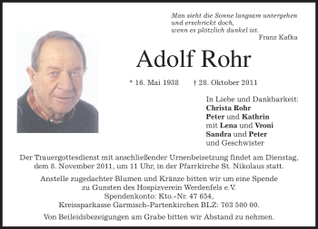 Traueranzeige von Adolf Rohr von MERKUR & TZ