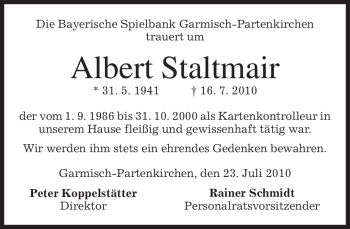 Traueranzeige von Albert Staltmair von MERKUR & TZ