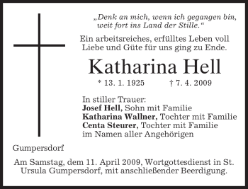Traueranzeige von Katharina Hell von MERKUR & TZ