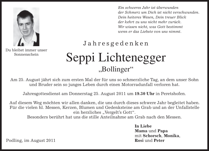  Traueranzeige für Seppi Lichtenegger vom 23.08.2011 aus MERKUR & TZ