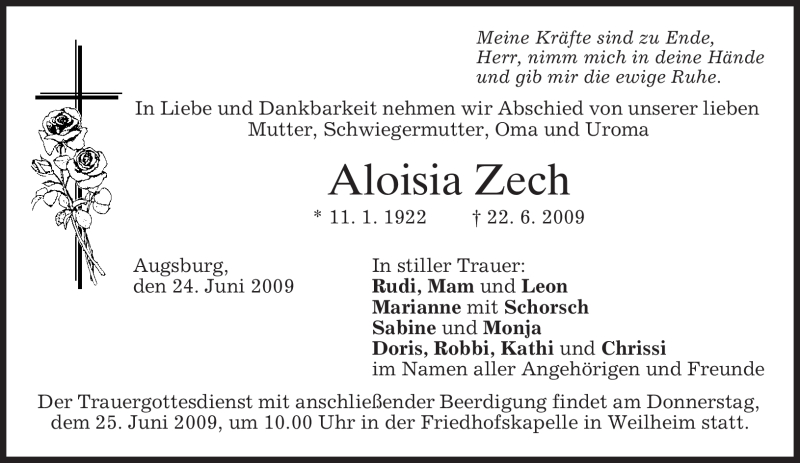  Traueranzeige für Aloisia Zech vom 24.06.2009 aus MERKUR & TZ