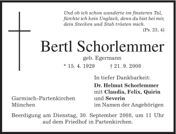 Traueranzeige von Bertl Schorlemmer von MERKUR & TZ