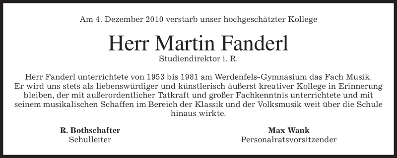  Traueranzeige für Martin Fanderl vom 09.12.2010 aus MERKUR & TZ
