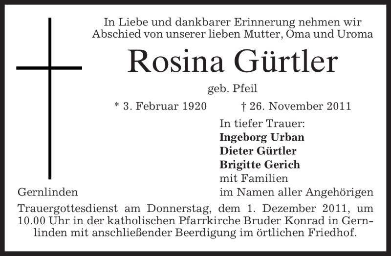  Traueranzeige für Rosina Gürtler vom 29.11.2011 aus MERKUR & TZ