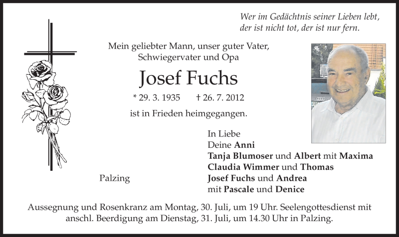  Traueranzeige für Josef Fuchs vom 28.07.2012 aus MERKUR & TZ