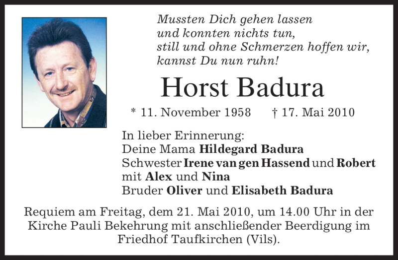  Traueranzeige für Horst Badura vom 20.05.2010 aus MERKUR & TZ