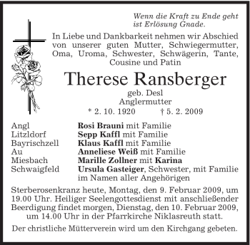 Traueranzeige von Therese Ransberger von MERKUR & TZ