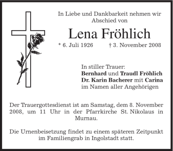 Traueranzeige von Lena Fröhlich von MERKUR & TZ