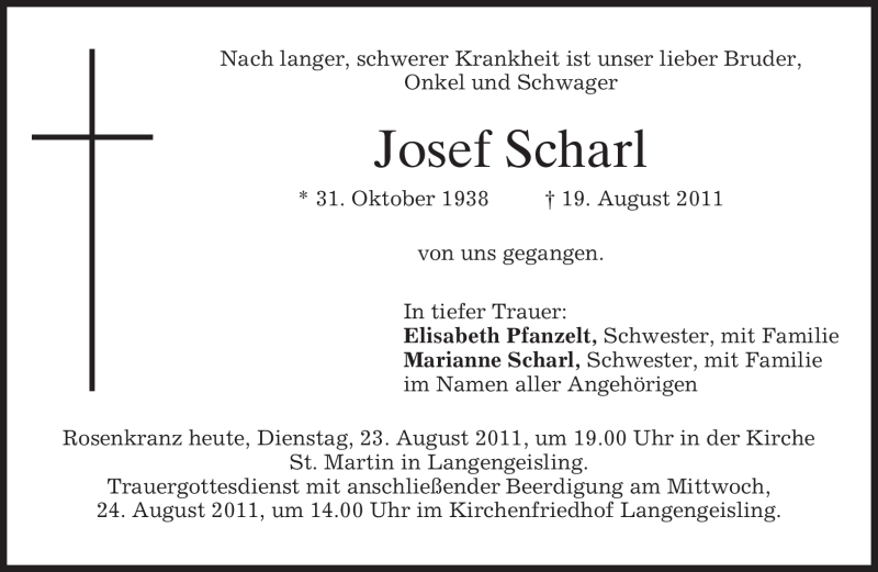  Traueranzeige für Josef Scharl vom 23.08.2011 aus MERKUR & TZ