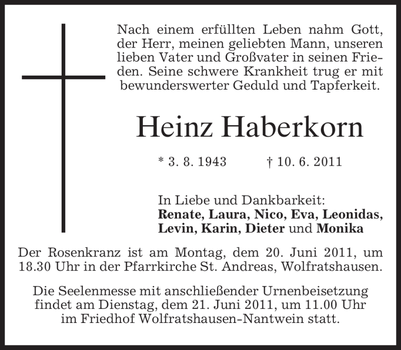  Traueranzeige für Heinz Haberkorn vom 15.06.2011 aus MERKUR & TZ