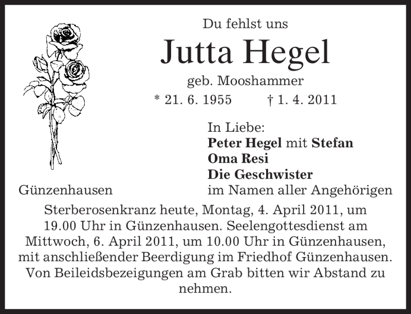  Traueranzeige für Jutta Hegel vom 04.04.2011 aus MERKUR & TZ