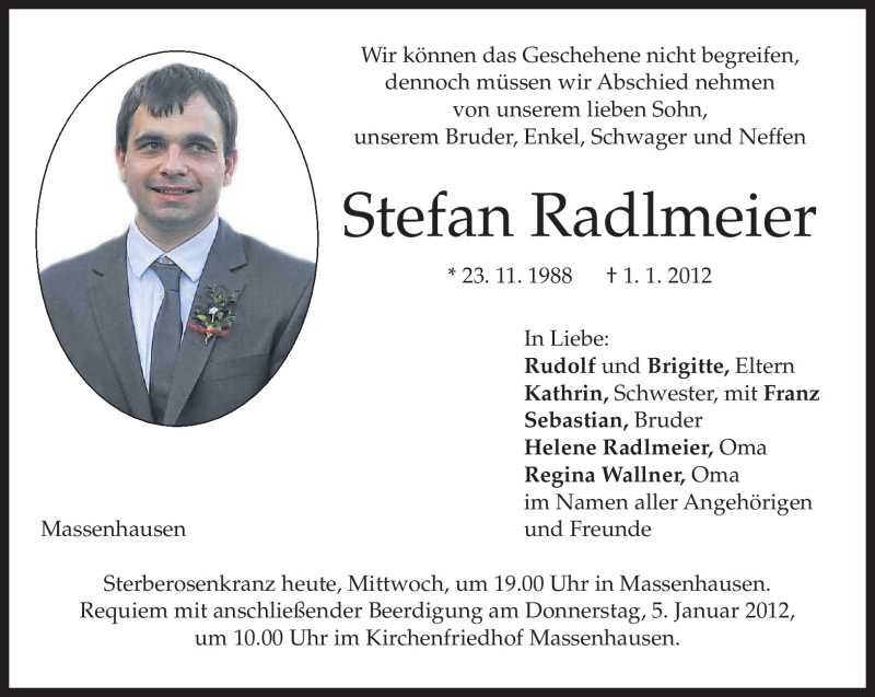  Traueranzeige für Stefan Radlmeier vom 04.01.2012 aus MERKUR & TZ