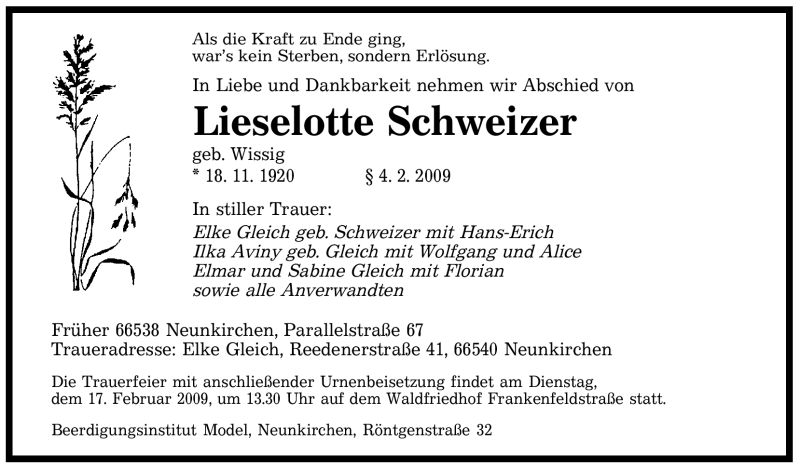  Traueranzeige für Lieselotte Schweizer vom 14.02.2009 aus MERKUR & TZ