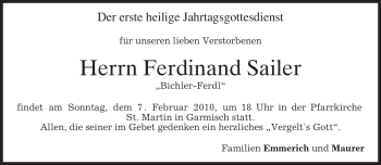 Traueranzeige von Ferdinand Sailer von MERKUR & TZ